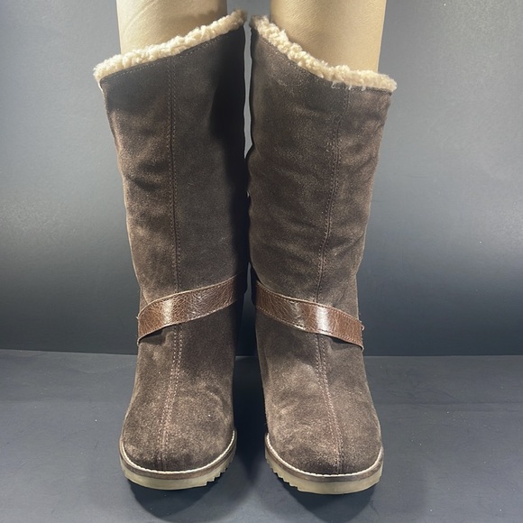 Skechers Women's Mid-calf Boot Wedge Heel Brown Size 7 Suede Cozy Strapp… - Picture 2 of 8